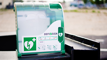 AED stored in a heated outdoor cabinet