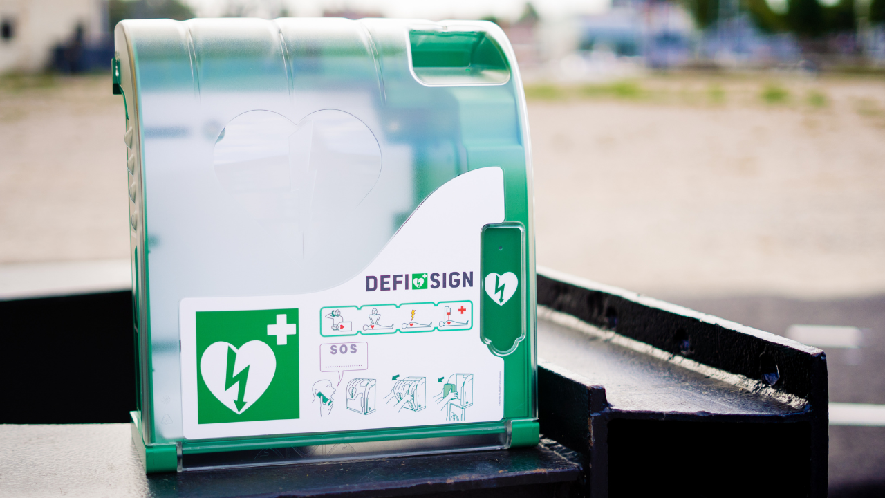 AED stored in a heated outdoor cabinet